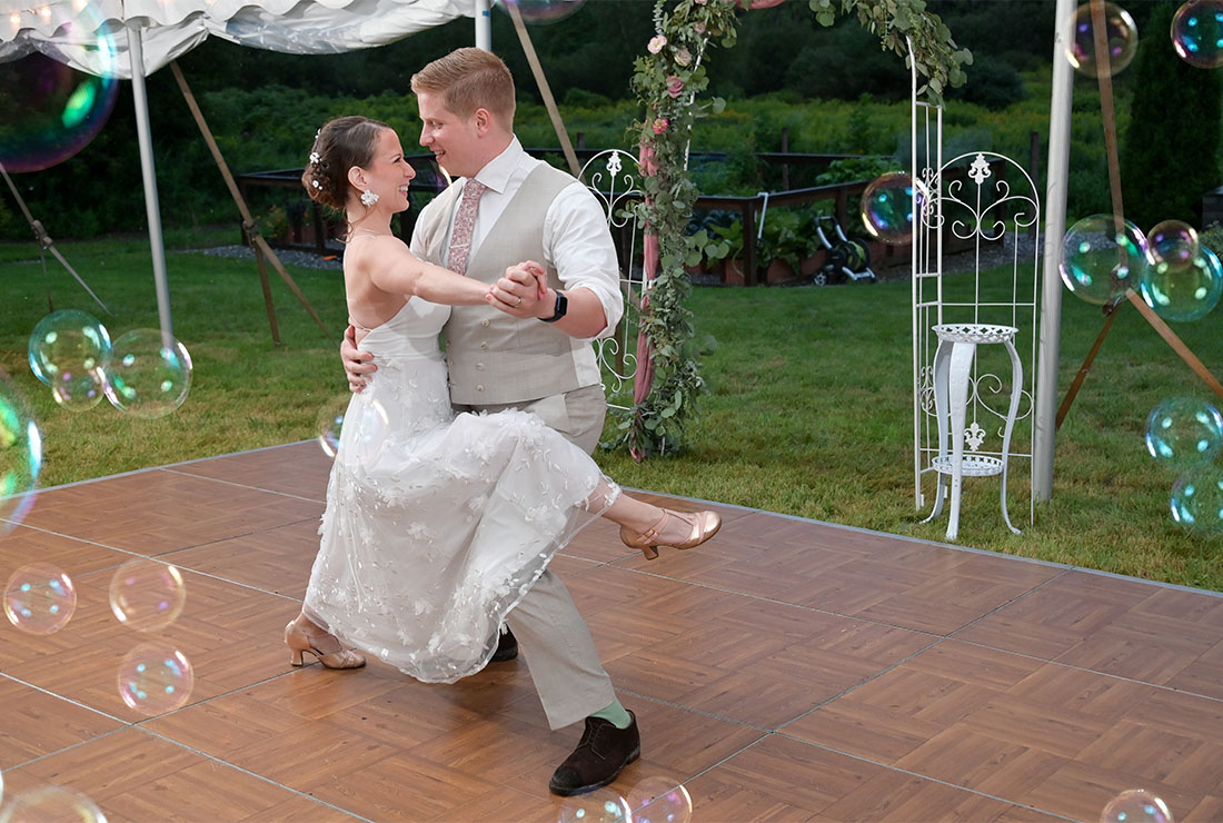 Love their bubble dance in the bride's back yard in Burlington, Vermont.