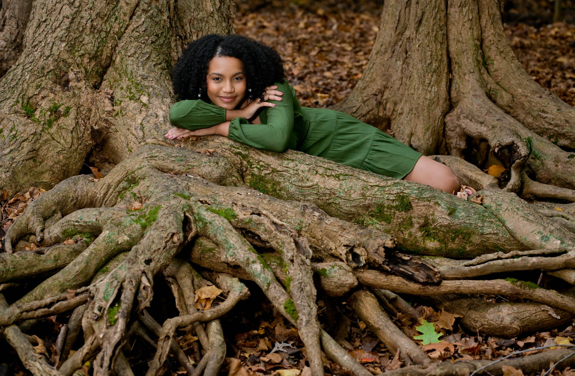 A senior curls up on gnarly tree roots for her senior photo session in Troy, Michigan.