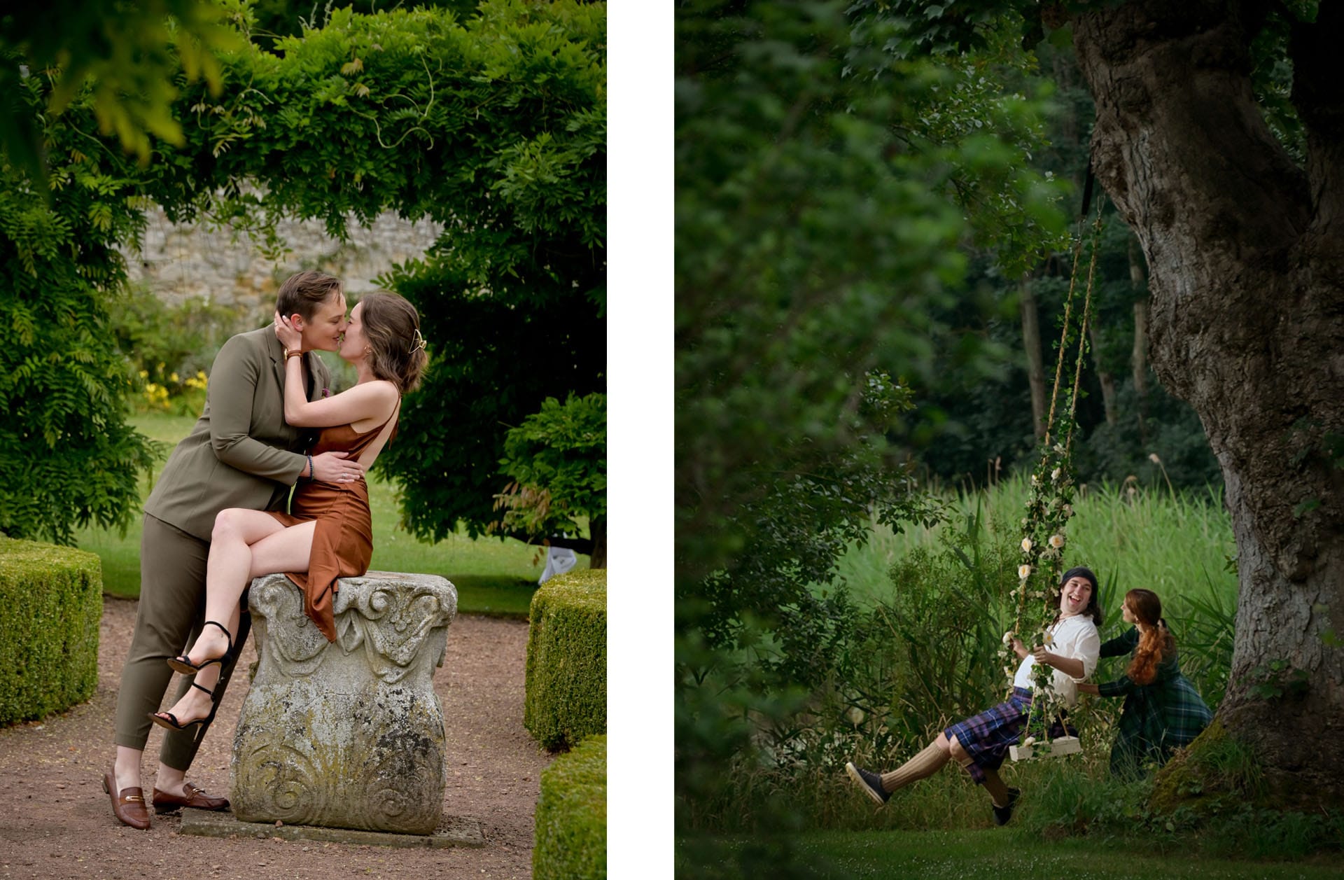 Two couples having fun at Winton Castle in Edinburgh, Scotland during a summer destination wedding in Scotland.