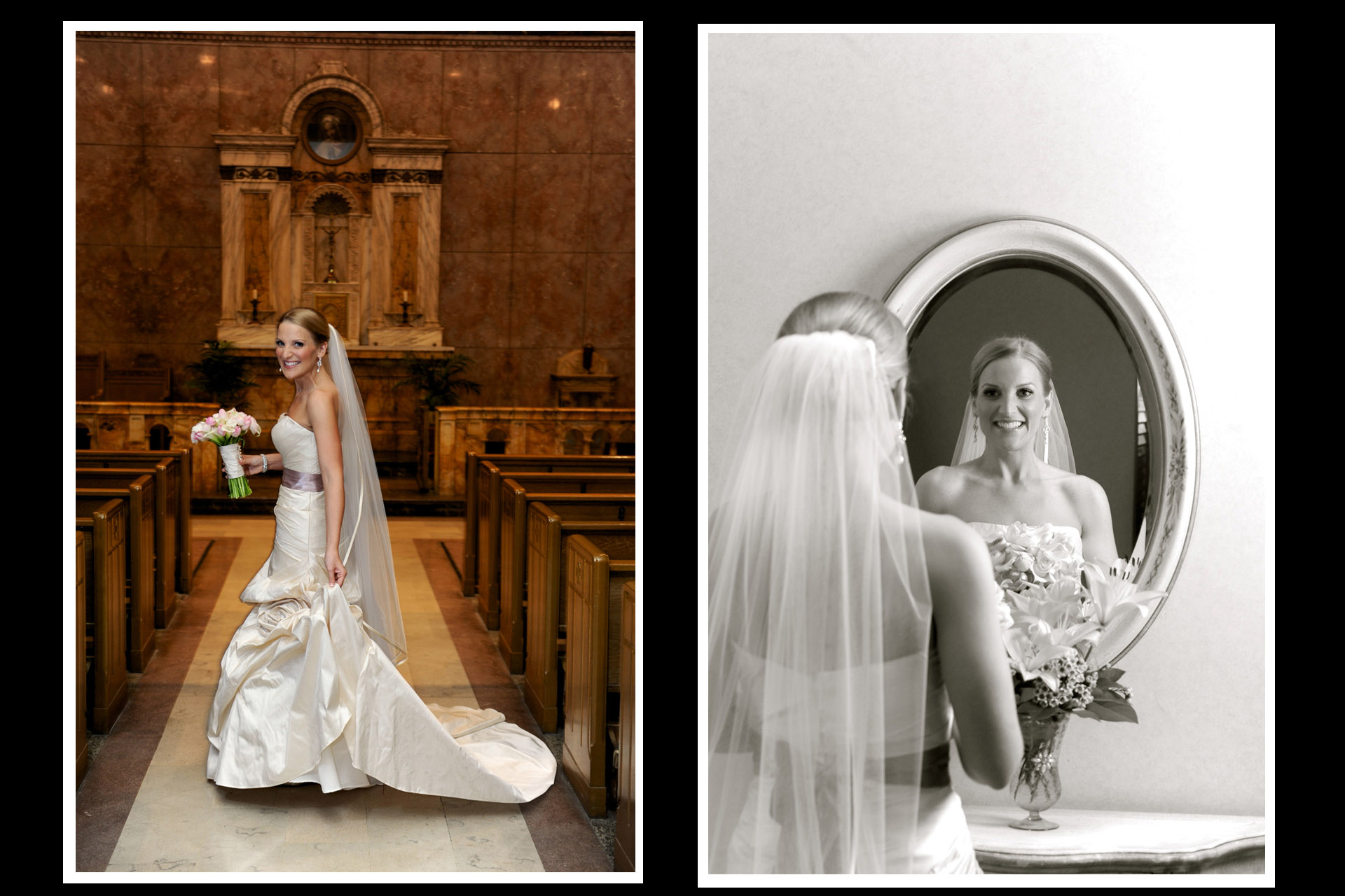 A windy winter wedding in Michigan showcases Michigan wedding photographer's photograph of the bride showing off her dress as she gets ready for her  wedding at St. Aloysius Detroit, Michigan and the Detroit Athletic Club in Detroit, Michigan, Michigan.