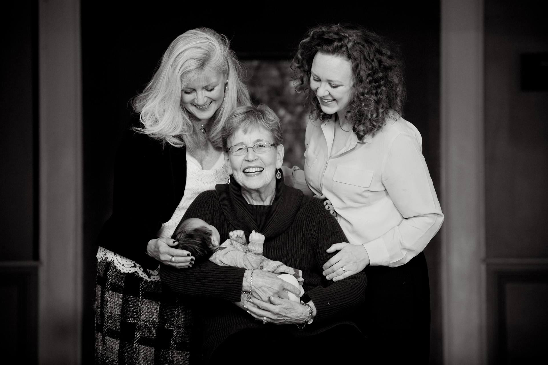 Best Detroit family photographer portraits of 4 generations of women in the family for this more formal family photo in metro Detroit, Michigan.
