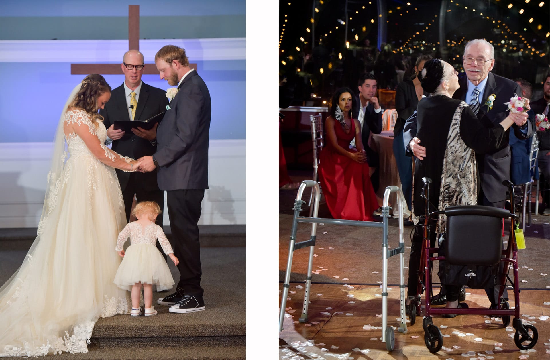 The couple's two year old daughter stands at the alter with her parents and bows her head right on cue during their Macomb, Michigan wedding and a couple celebrating 60 years dances with their walkers during the anniversary dance at The Roostertail wedding venue in Detroit, Michigan.