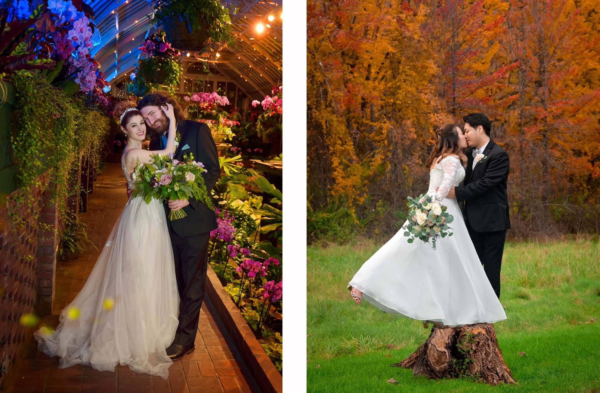 A couple snuggles at Phipp's Conservatory in Pittsburgh for their winter wedding, while a different couple stands on a created stump for this amazing fall photo created at Addison Oaks in Leonard, Michigan.