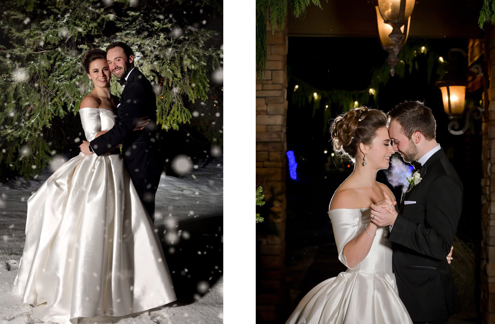 Couple in the snowfall during their winter wedding at the Iroquios Club in Bloomfield Hills, Michigan.