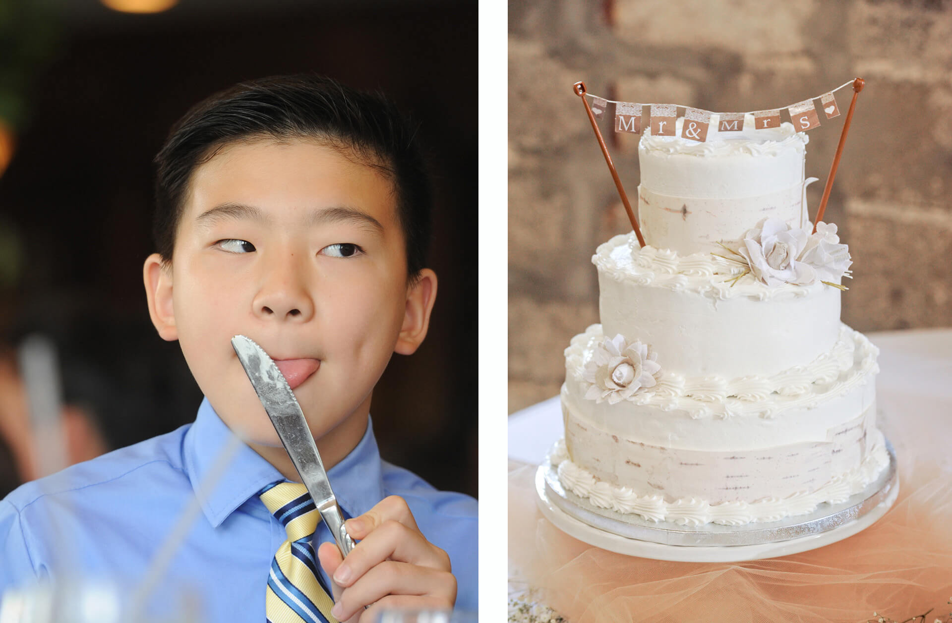 A wedding guest licks the frosting from the wedding cake at the Van Heusen Historical Farm in Rochester, Michigan.