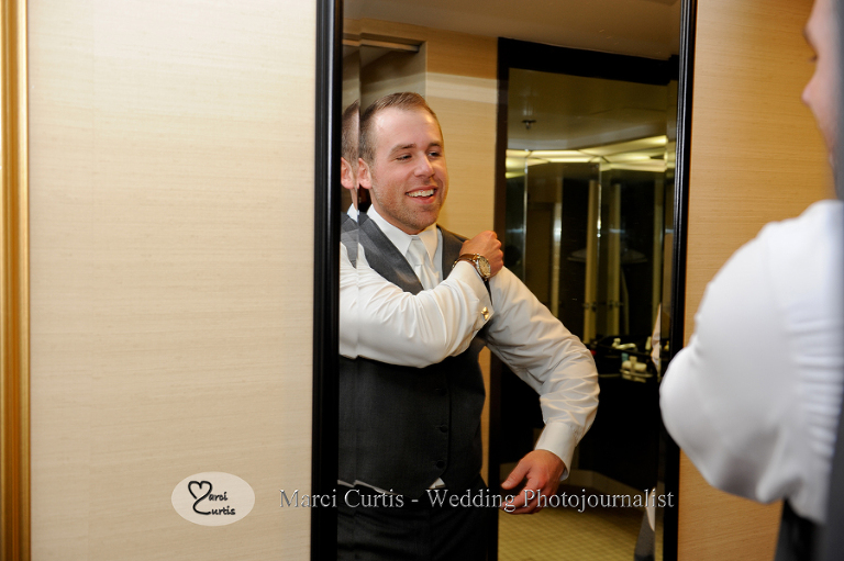 Groom Trevor gets ready for his wedding at the Crowne Plaza in Auburn Hills in Michigan.