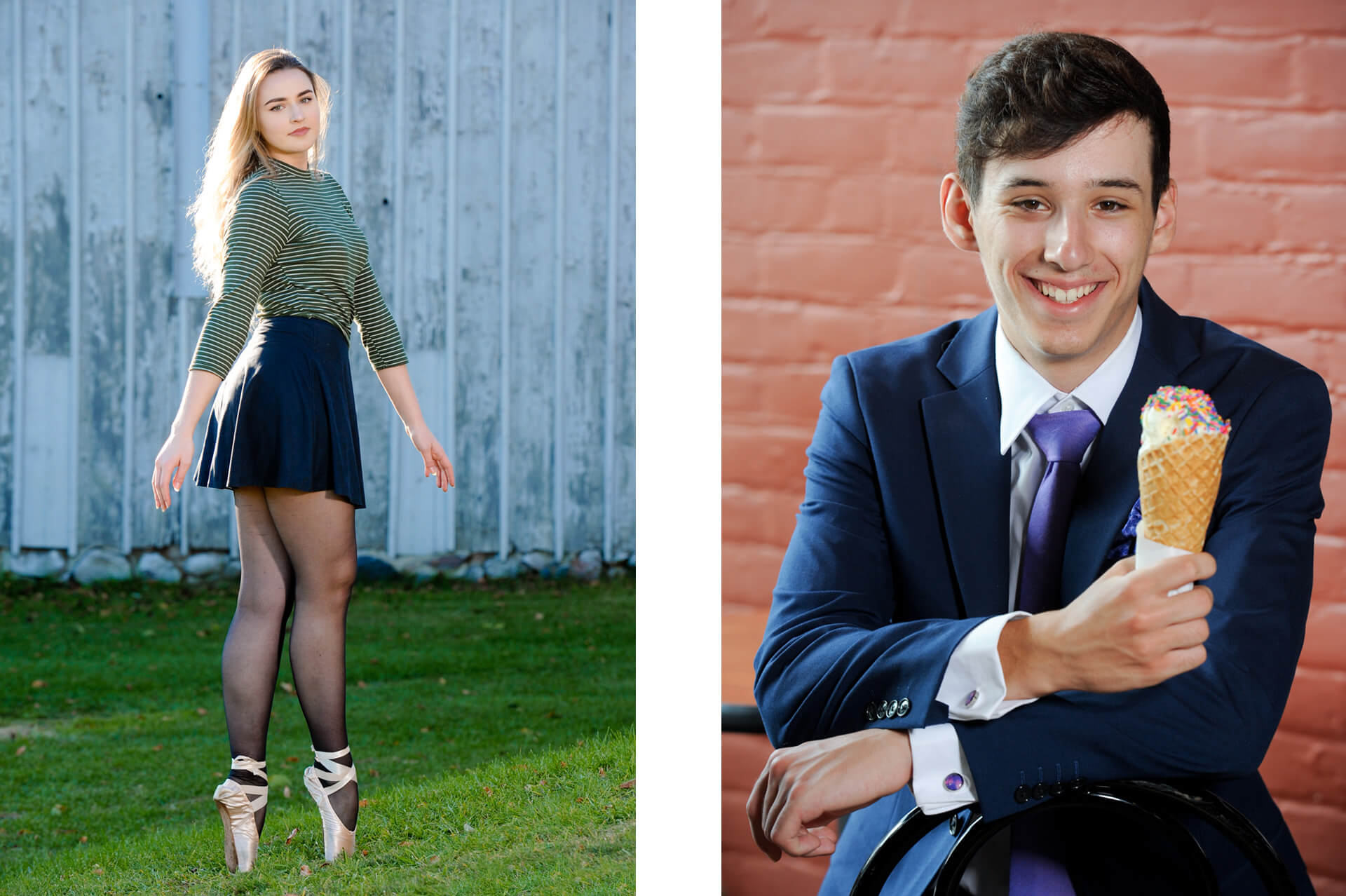 Troy High School senior poses in her ballet shoes for a country dance senior photo while a Troy High senior boy poses in his suit with an ice cream cone near downtown Rochester, Michigan.